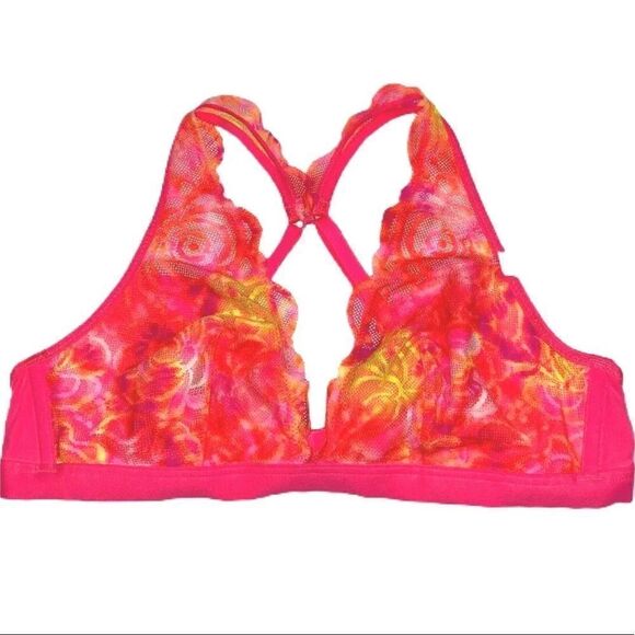 Victoria’s Secret Pink Unlined Plunge Lace Bralette Bra Coral Multicolor Small - Picture 6 of 8
